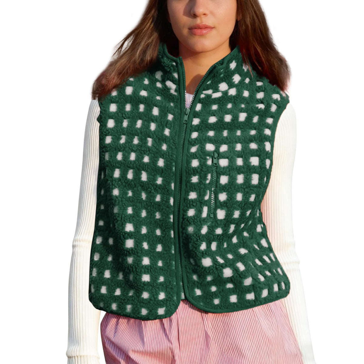 SeeLuNa Plaid Fleece Vest Women Sleeveless Sherpa Vest Full Zip Jacket