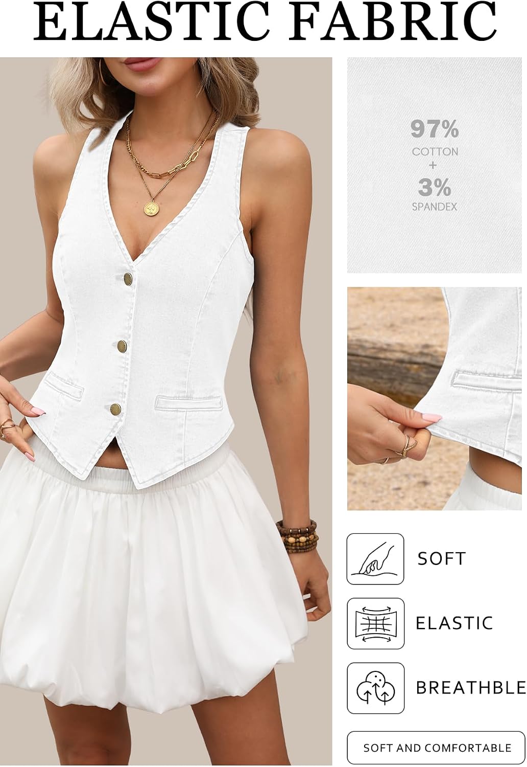 ELLEVEN Women's Summer Cropped Denim Vest Western Style Faux Pockets