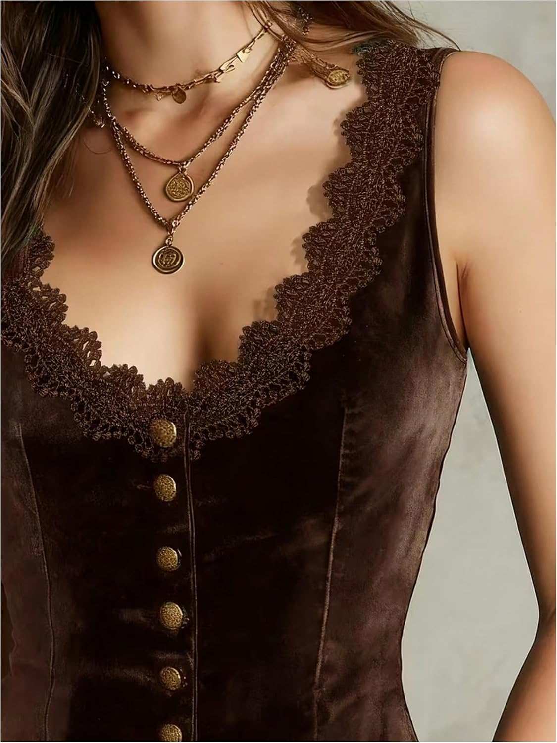 SHENHE Women's Vintage Velvet Vest Lace Trim Button Up V Neck Vest Top