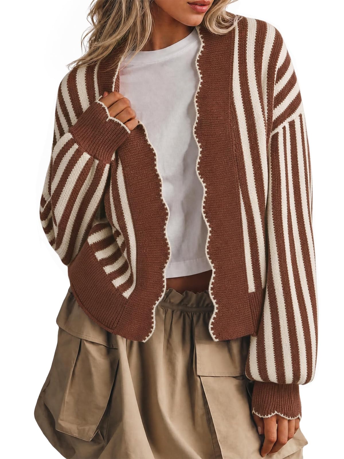 Flowyair Women's Striped Cardigan Sweater Open Front Ruffle Long Sleeve