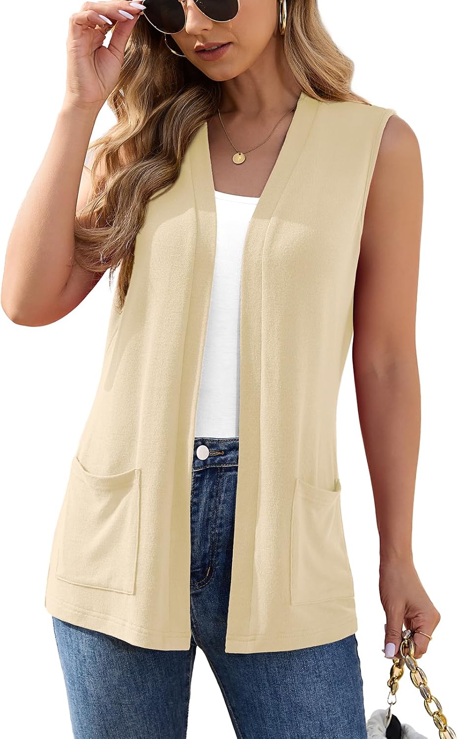 Veryoung Womens Sleeveless Open Front Cardigan Vest Lightweight Thin Vests Layering Top with Pockets for Summer Casual Office