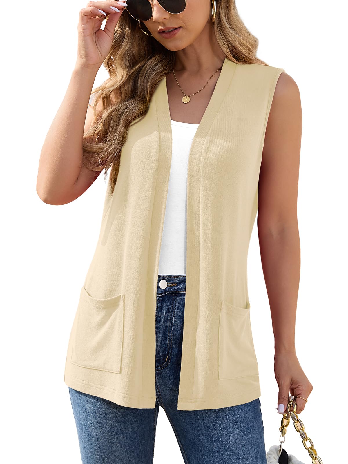 Veryoung Womens Sleeveless Open Front Cardigan Vest Lightweight Thin Vests Layering Top with Pockets for Summer Casual Office