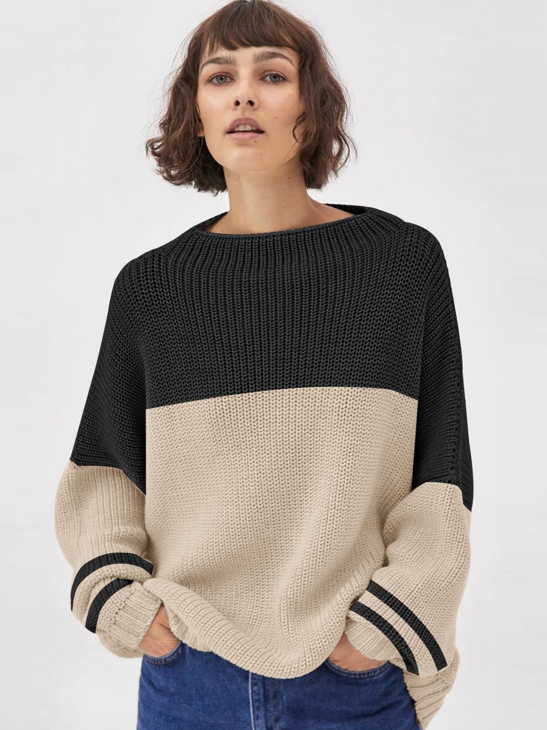 Womens Oversized Sweaters Loose Solid Casual Long Sleeve Mock Neck Knitted Jumper Tops