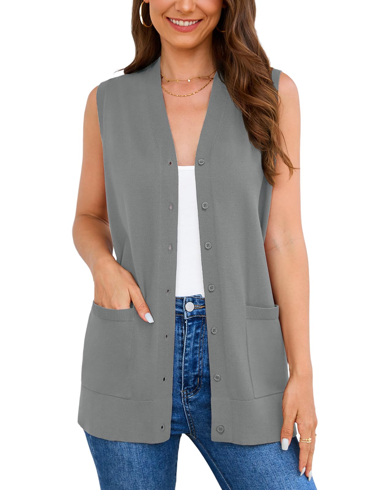 Veryoung Women's 2026 Sleeveless Button Down Cardigan Sweaters Fashion Casual Soft Knit Office Duster Vests with Cozy Pockets
