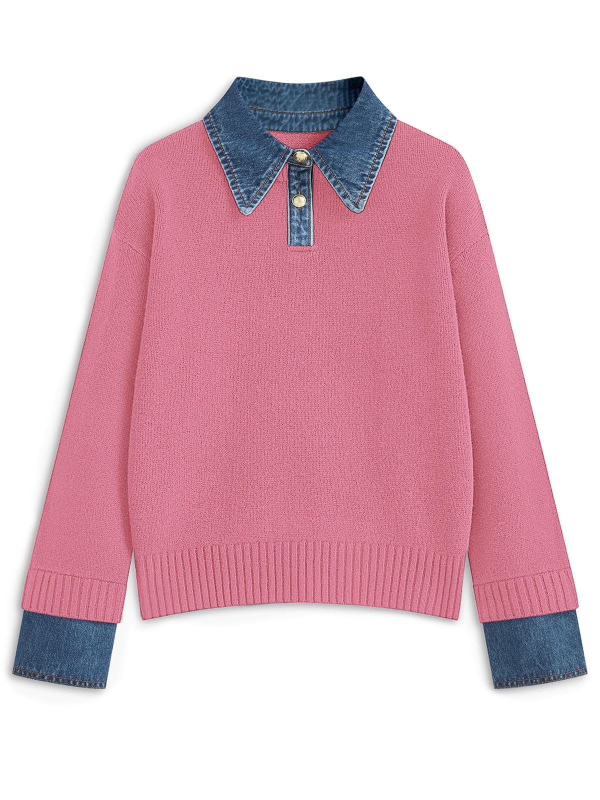 GUNEST Womens Oversized Sweater Denim Polo Knit Collared Fall Sweater