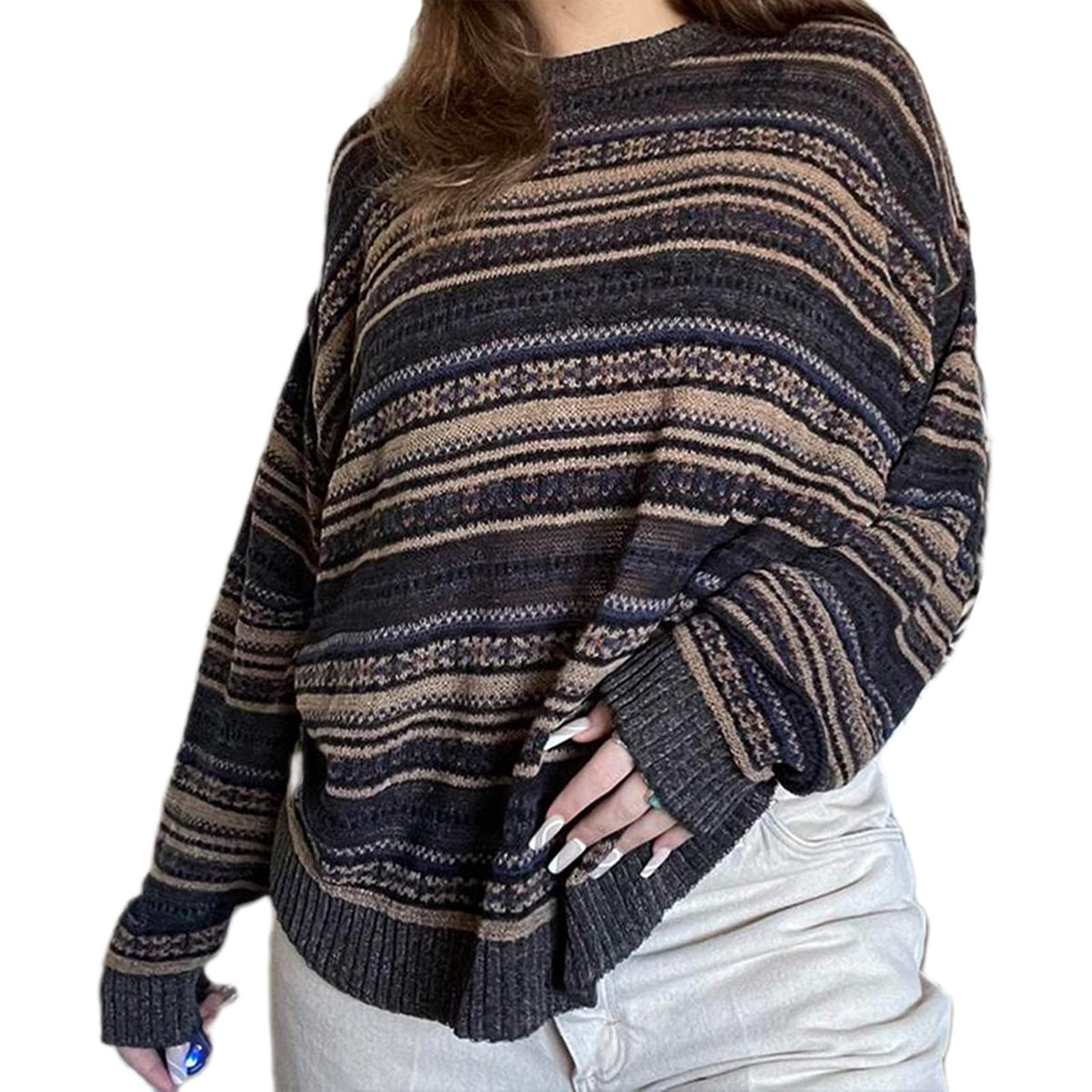 Women Y2K Argyle Striped Pullover Sweater Casual Long Sleeve Round Neck Vintage Preppy Style Pullover Knitwear