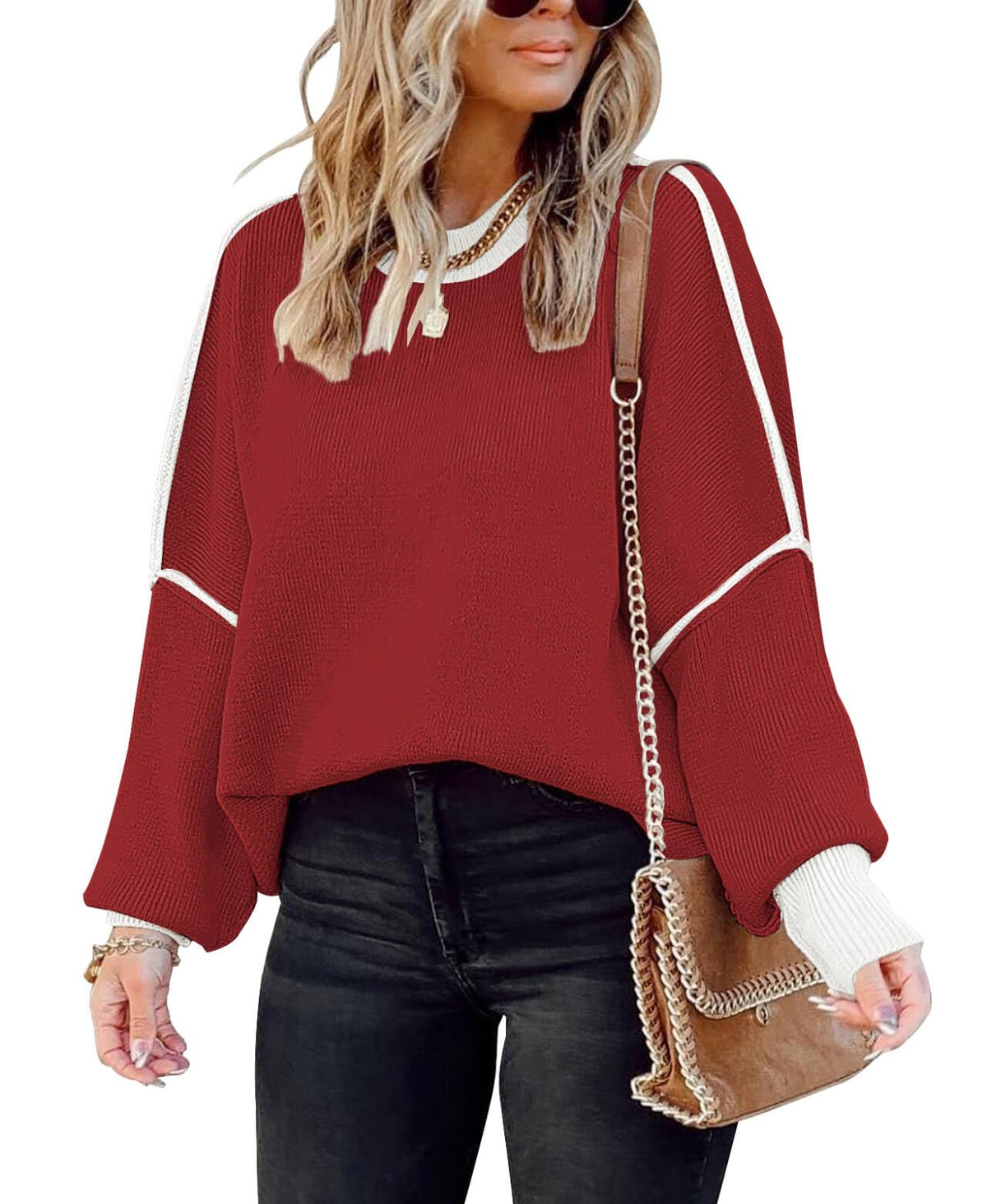 Womens Sweaters Causal Crewneck Batwing Sleeve Knit Top Side Split Oversized Pullover Sweater Loose Jumper