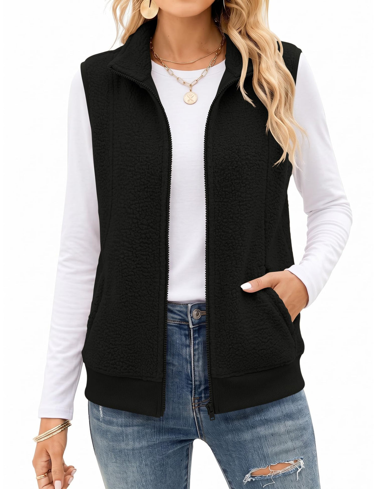 AKEWEI Womens Sherpa Fleece Vest Trendy Warm Sleeveless Vests Jacket