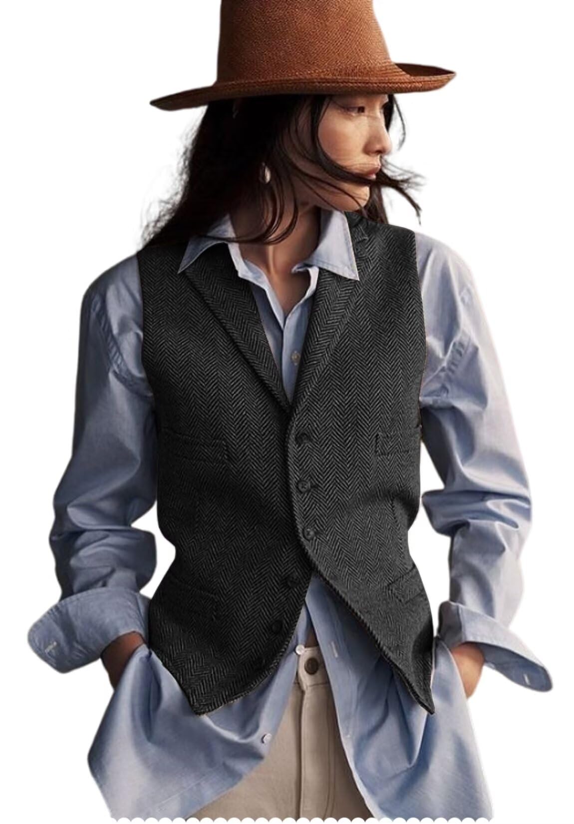 Women's Herringbone Tweed Waistcoat V-Neck Lapel Suit Vest