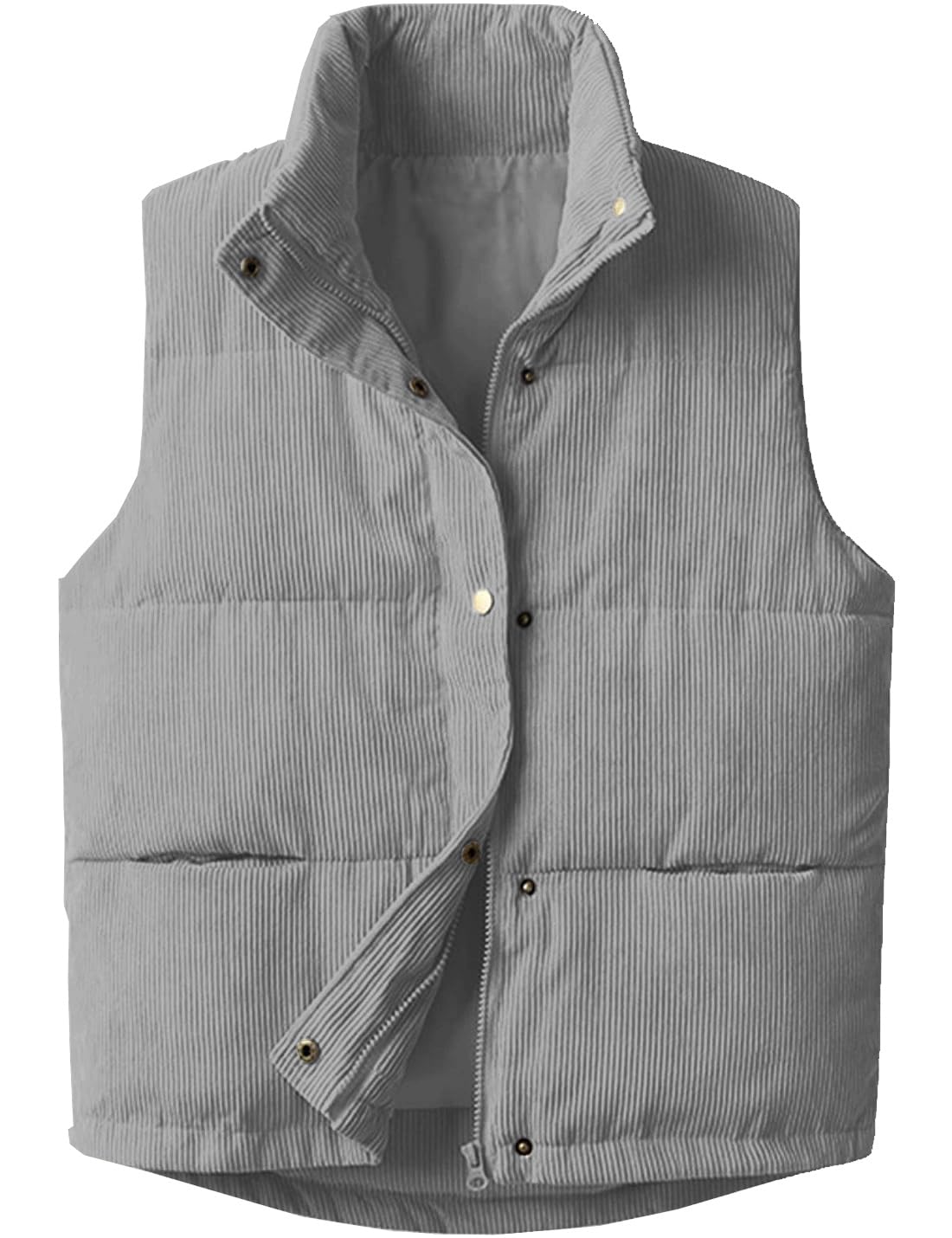 Womens Corduroy Puffer Vest Stand Collar Zip Snap Button Sleeveless Warm Waistcoat Padded Gilet