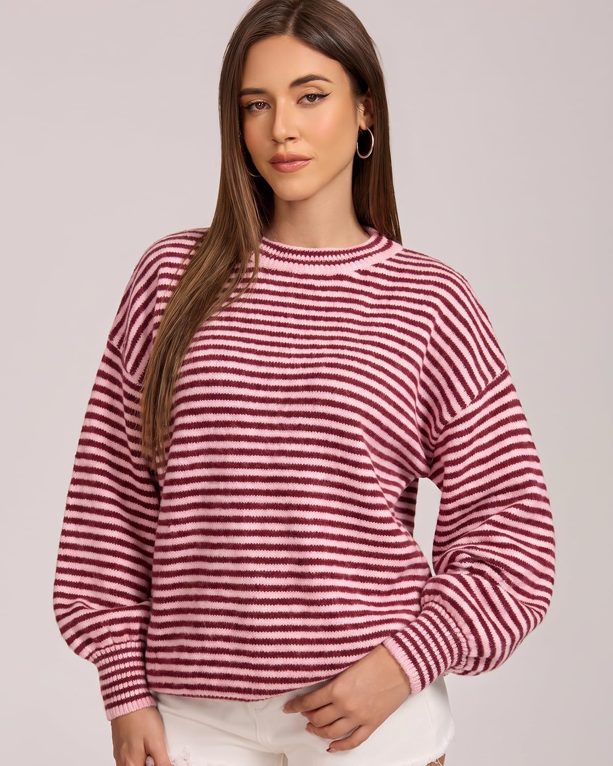QINSEN Women's Crewneck Oversized Sweater Striped Long Sleeve Pullover Top