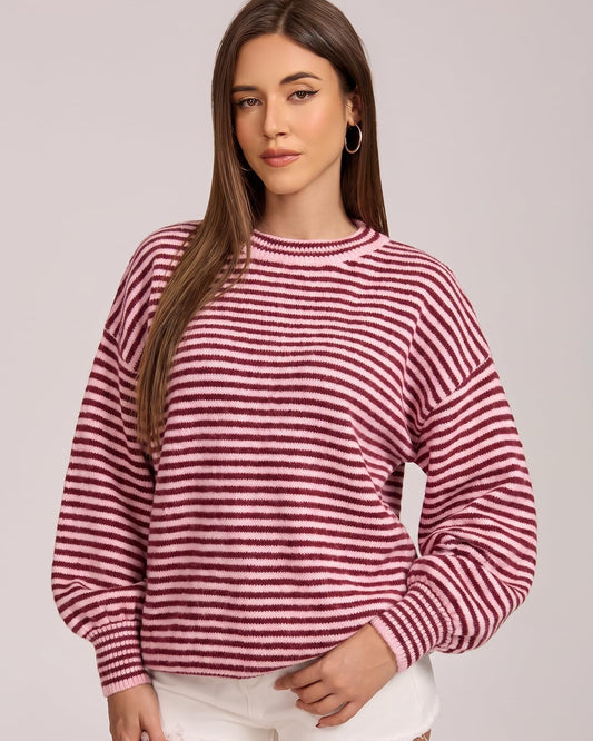 QINSEN Women's Crewneck Oversized Sweater Striped Long Sleeve Pullover Top