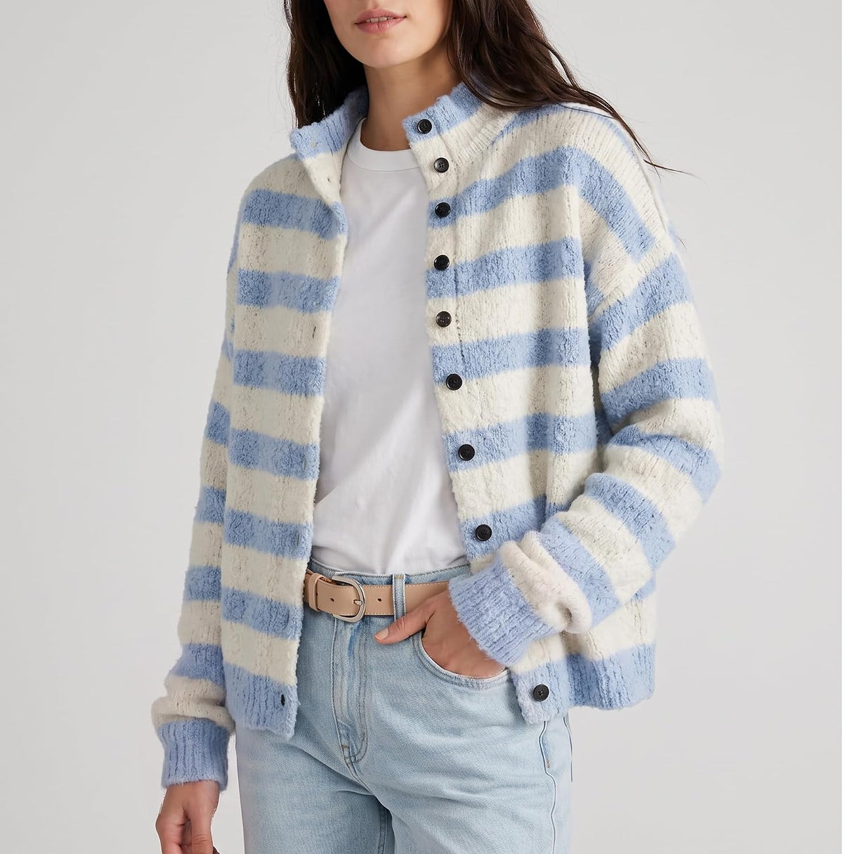Womens Striped Cardigan Casual Long Sleeve Stand Collar Button Down Sweater Tops Lightweight Fall Fashion Knitwear