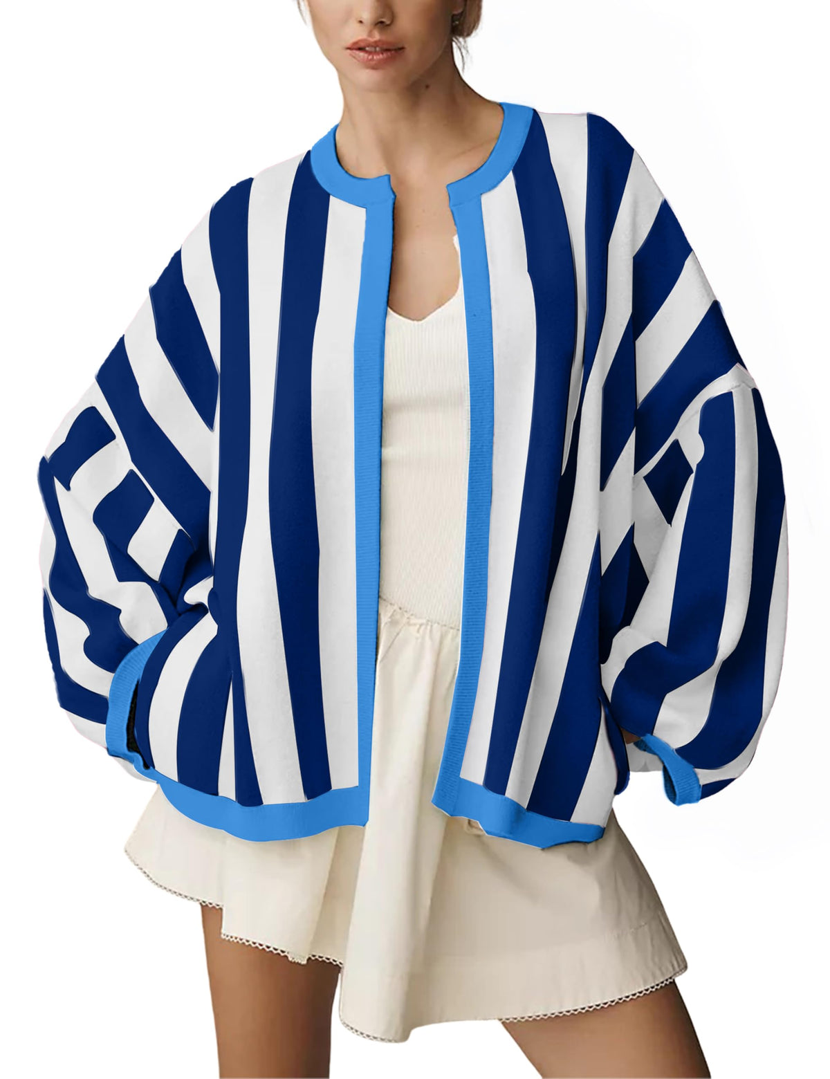 Women's Casual Loose Fit Striped Cardigan Long Balloon Sleeves Open Front Knit Sweater