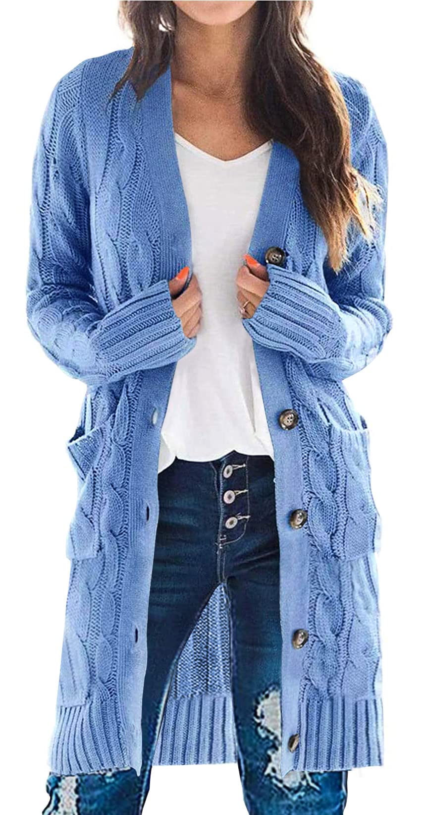 PRETTYGARDEN Womens Cable Knit Button Long Cardigan Sweaters