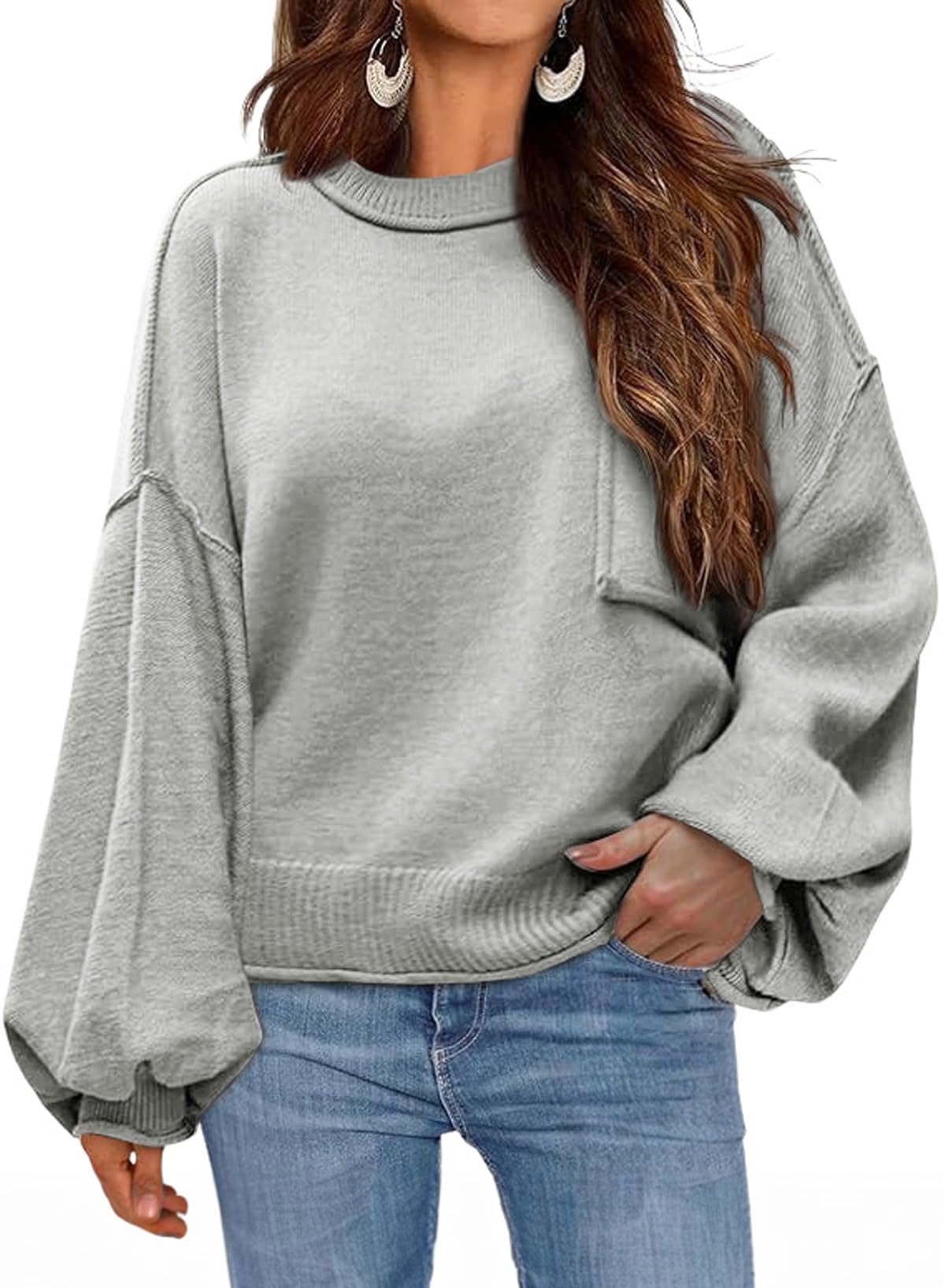 Dokotoo Women's Sweater Tops 2026 Ribbed Knitwear Lantern Pullover Sweater