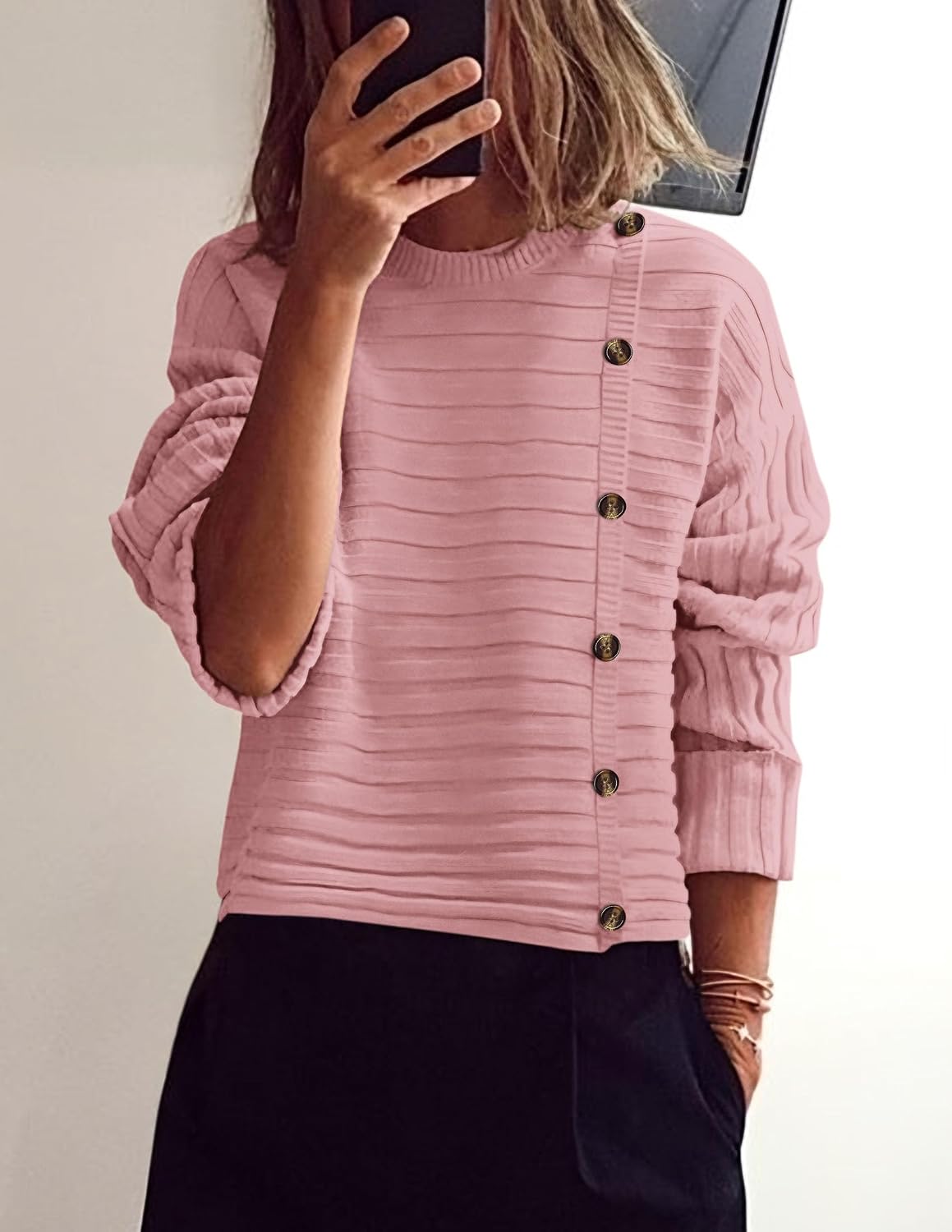 PRETTYGARDEN Womens Asymmetric Button Long Sleeve Sweater