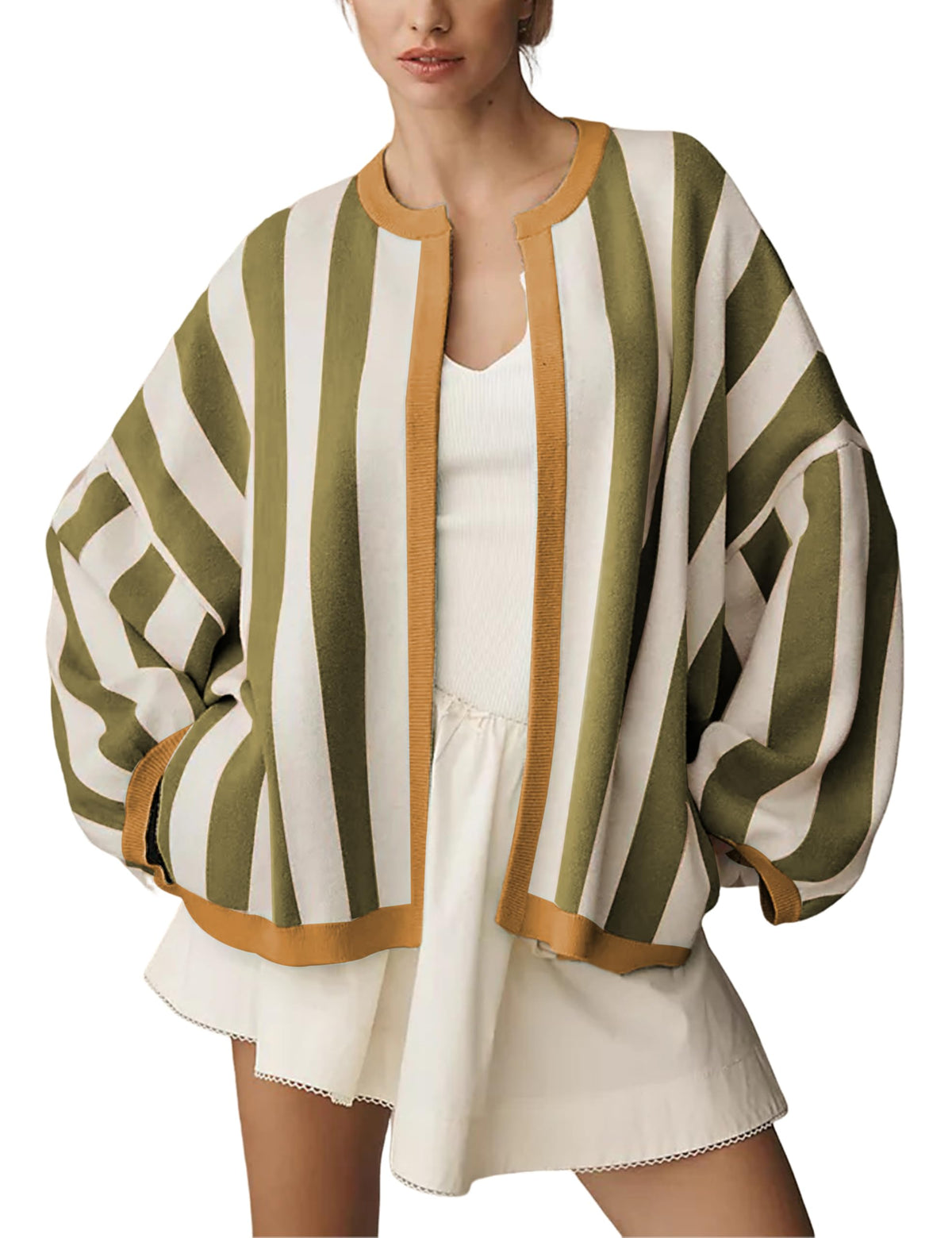Women's Casual Loose Fit Striped Cardigan Long Balloon Sleeves Open Front Knit Sweater
