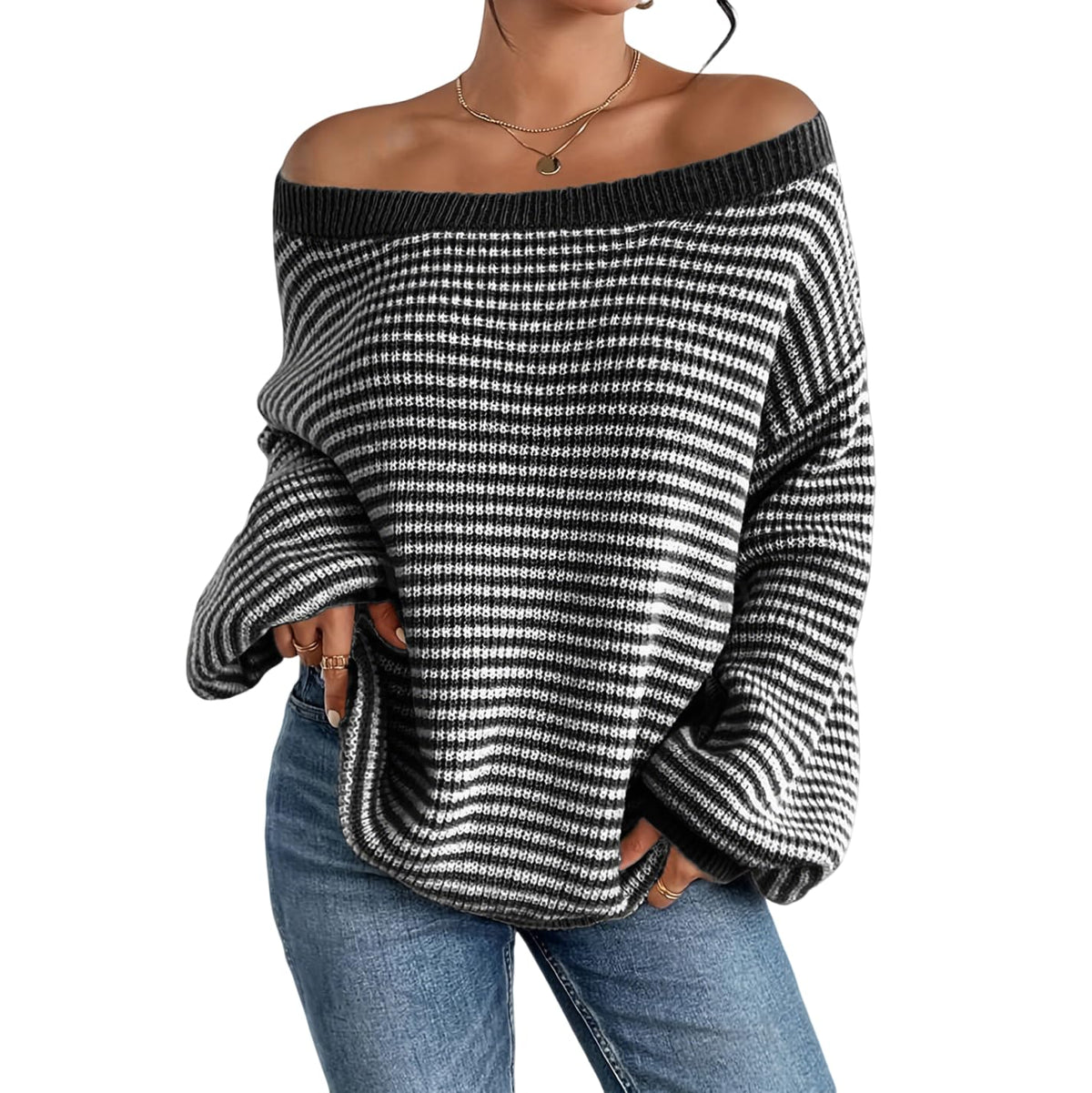 Women's Oversized Striped Sweater Casual Off The Shoulder Sweater Fall Long Sleeve Loose Knit Pullover Jumper Tops