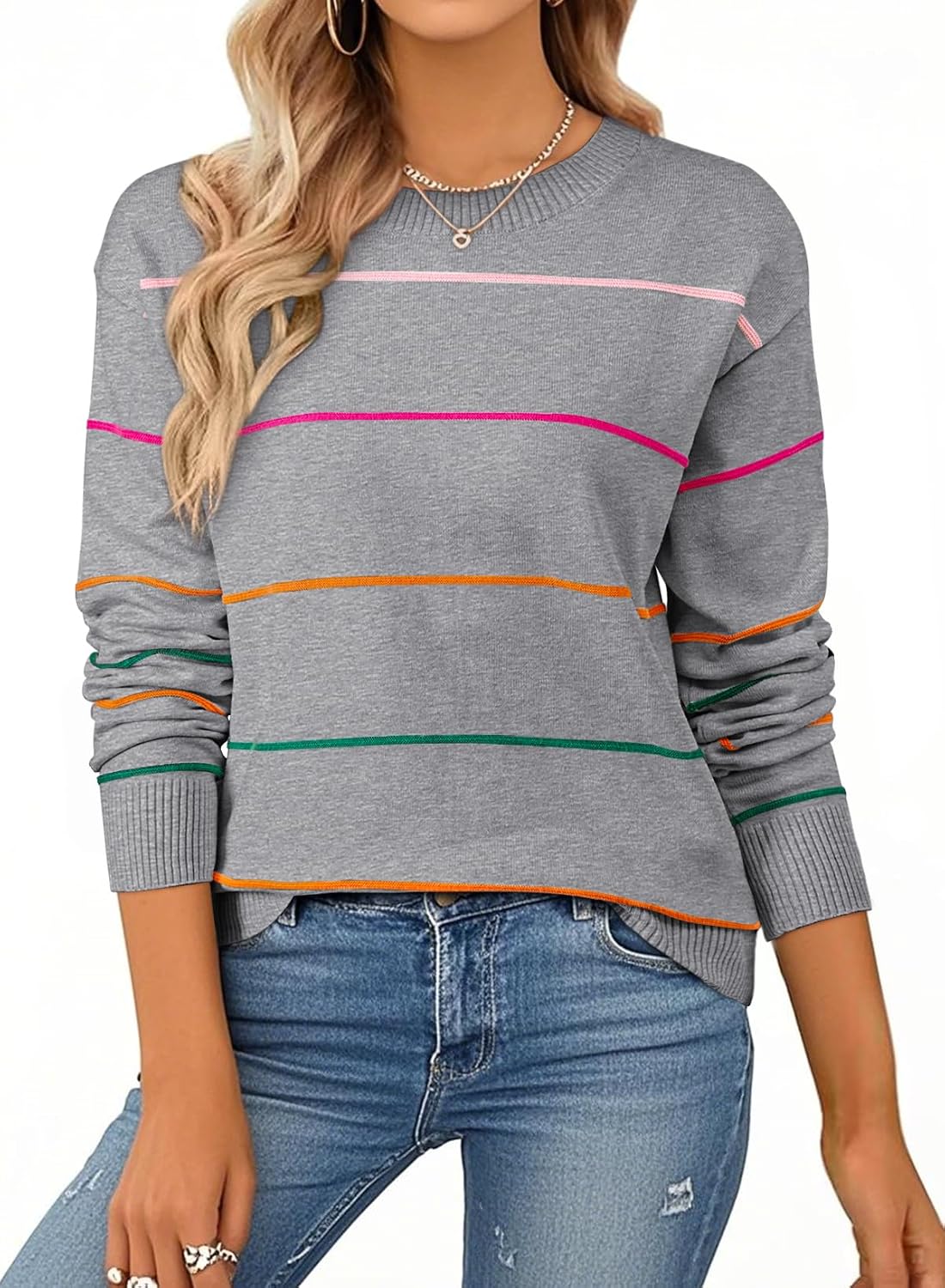 SHEWIN Womens Sweaters Crew Neck Knit Long Sleeve Striped Sweater Fall Outfits for Women 2026