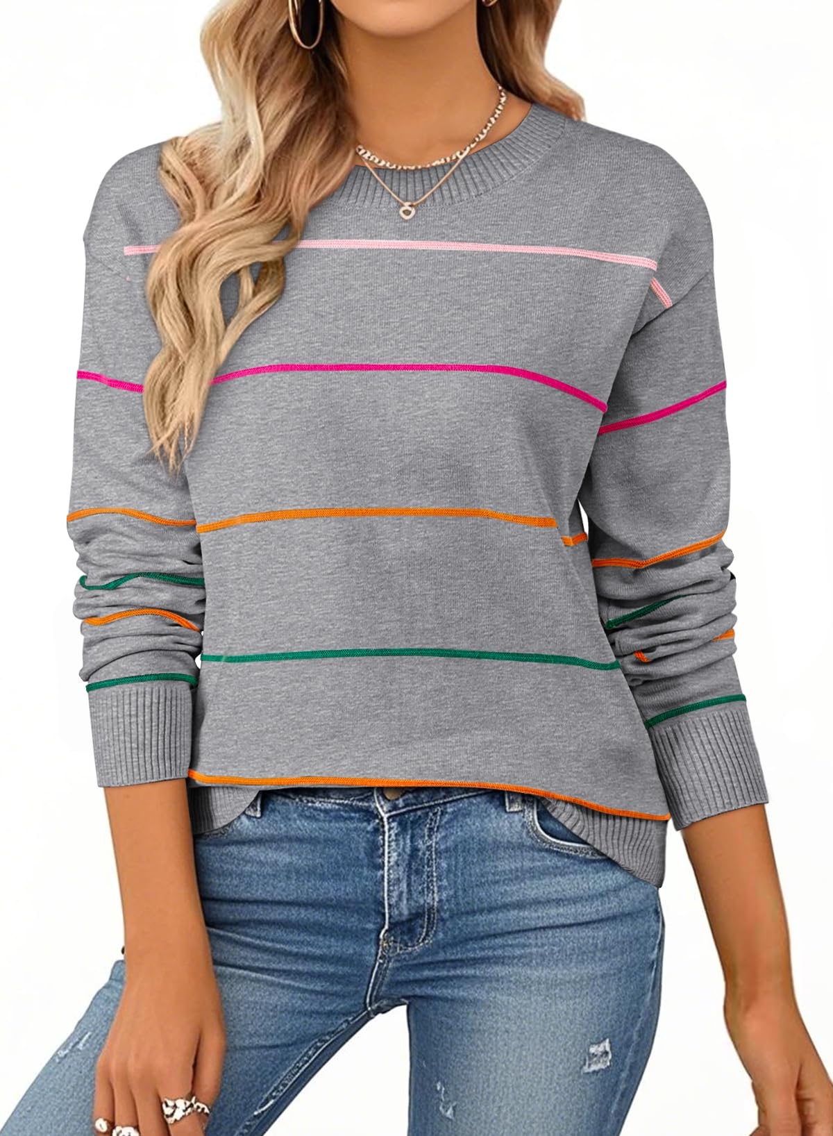 SHEWIN Womens Sweaters Crew Neck Knit Long Sleeve Striped Sweater Fall Outfits for Women 2026