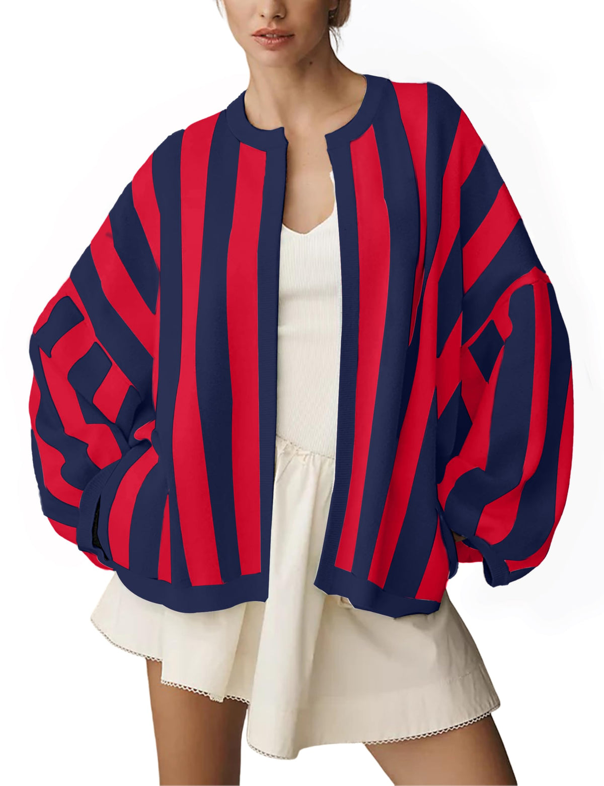 Women's Casual Loose Fit Striped Cardigan Long Balloon Sleeves Open Front Knit Sweater