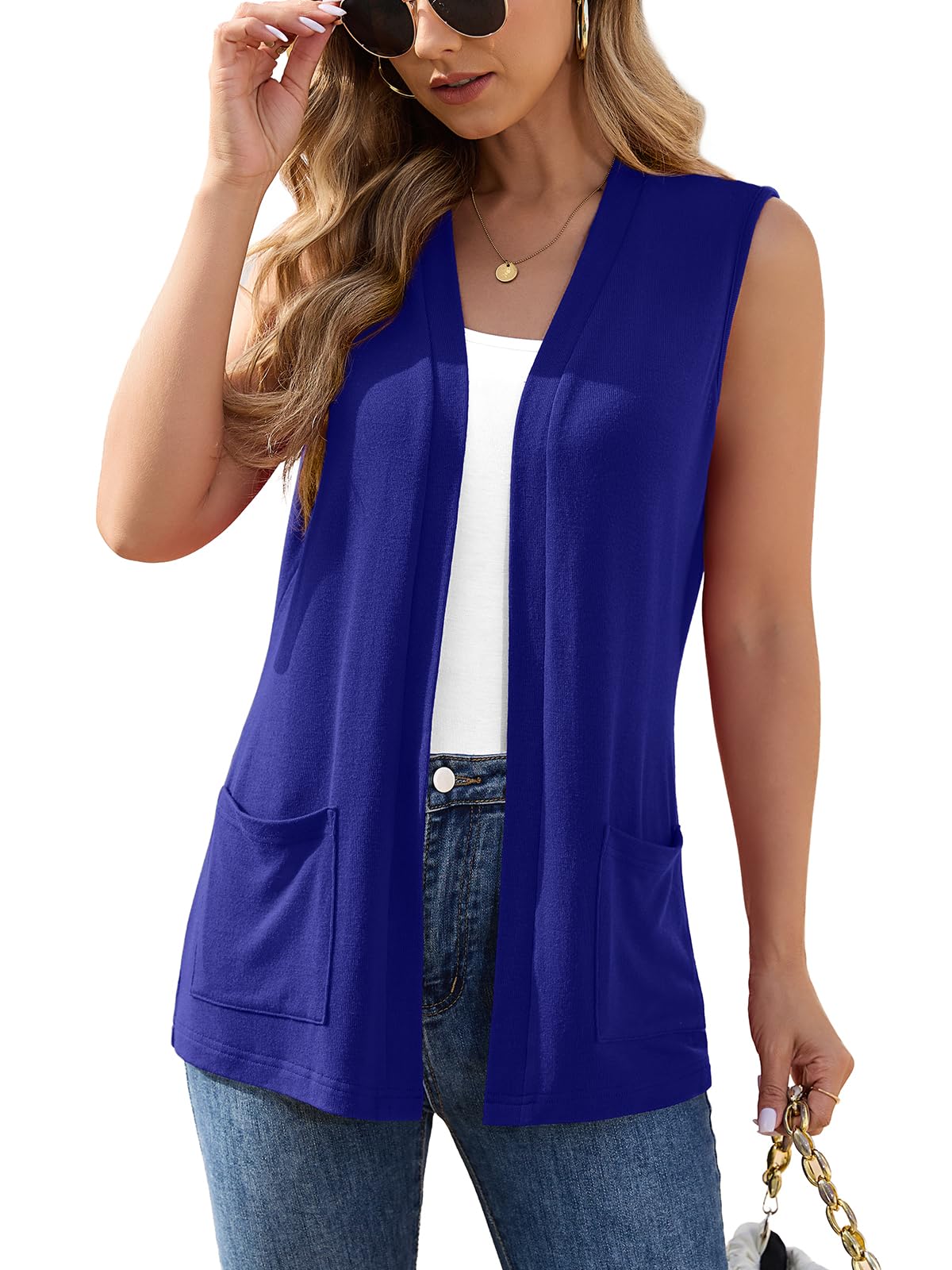 Veryoung Womens Sleeveless Open Front Cardigan Vest Lightweight Thin Vests Layering Top with Pockets for Summer Casual Office