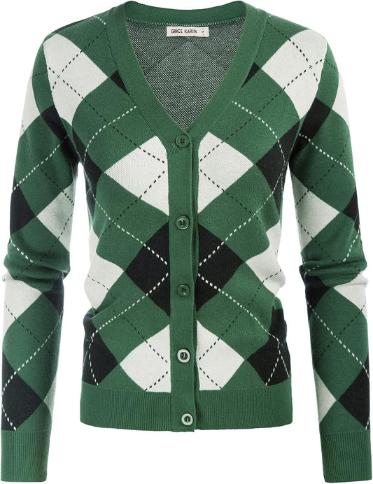 GRACE KARIN Cardigan Sweaters for Women Fall Argyle Sweater Preppy Clothes