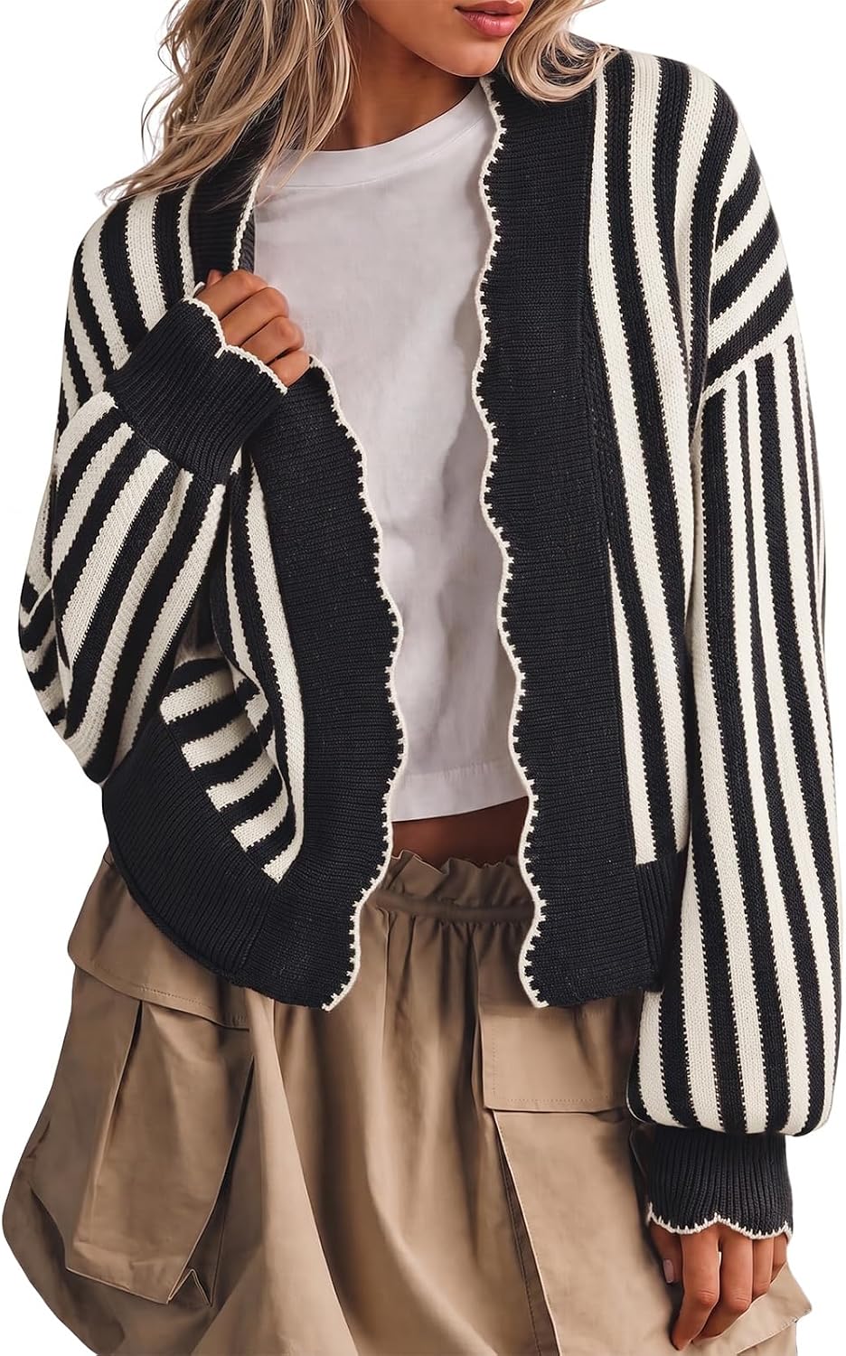Flowyair Women's Striped Cardigan Sweater Open Front Ruffle Long Sleeve