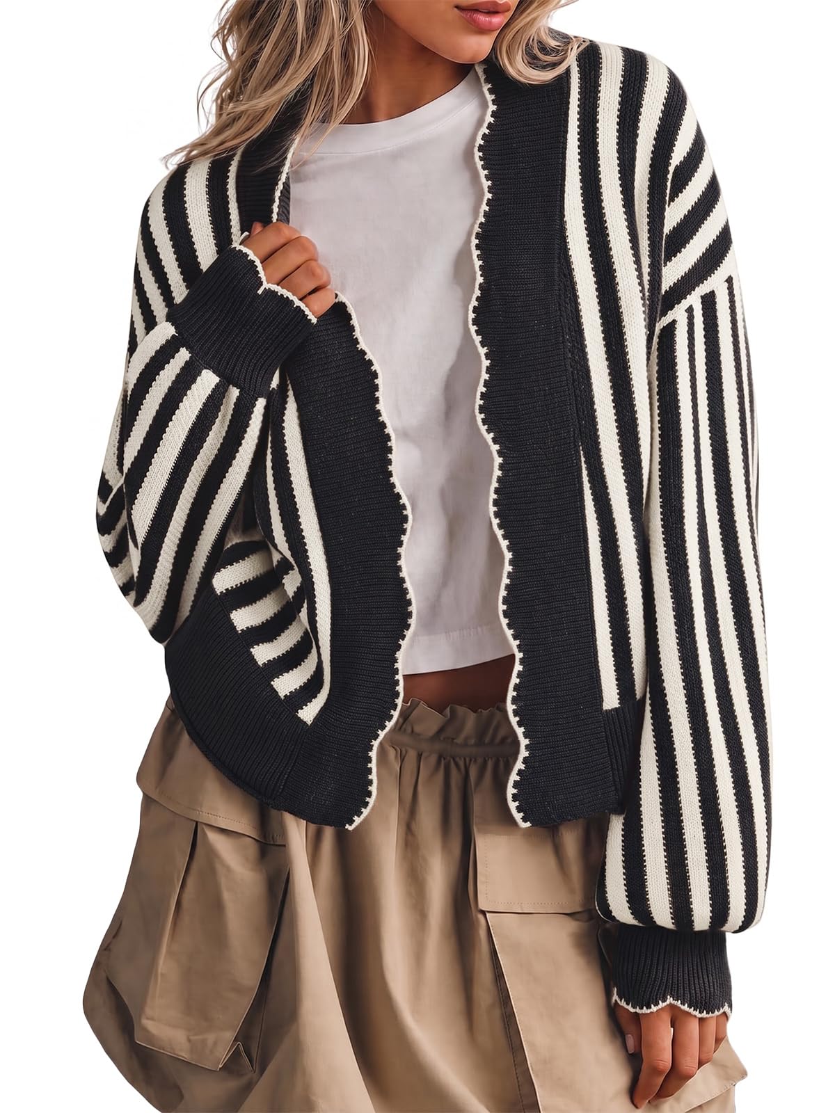 Flowyair Women's Striped Cardigan Sweater Open Front Ruffle Long Sleeve