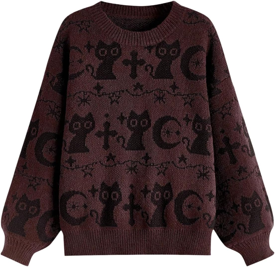 WDIRARA Women's Goth Cartoon Pattern Sweater Knit Pullover Top