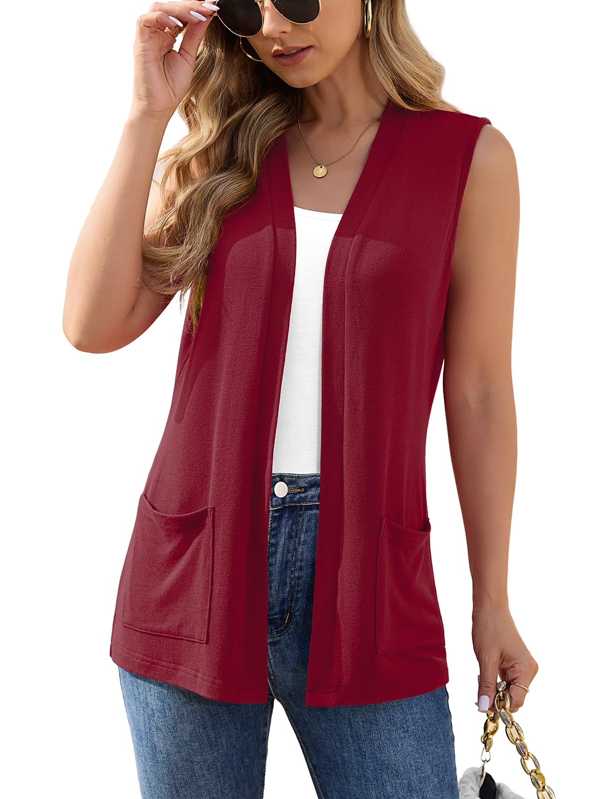Veryoung Womens Sleeveless Open Front Cardigan Vest Lightweight Thin Vests Layering Top with Pockets for Summer Casual Office