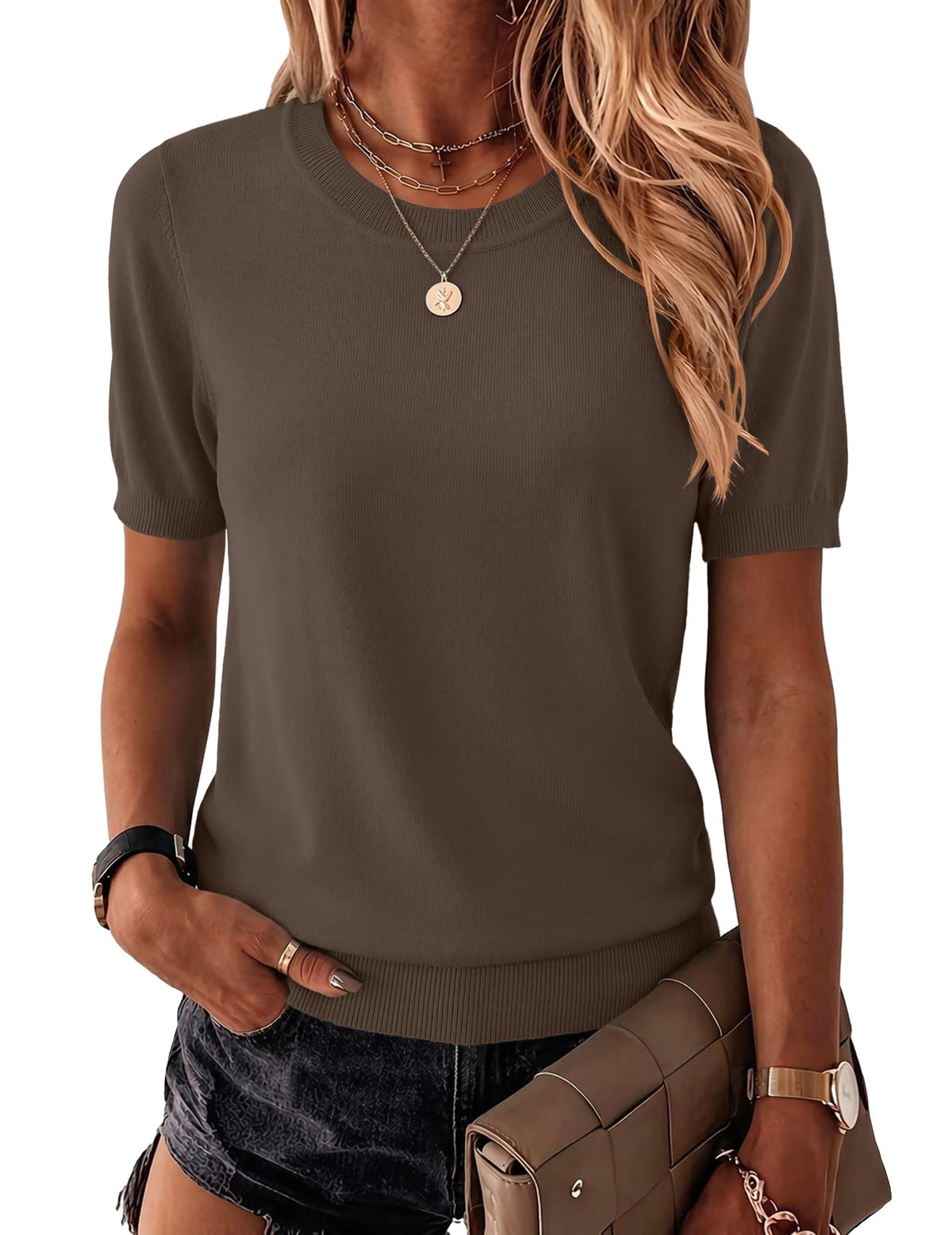 Zeagoo Womens Tops Short Sleeve Sweater Crewneck Basic Fashion Clothing