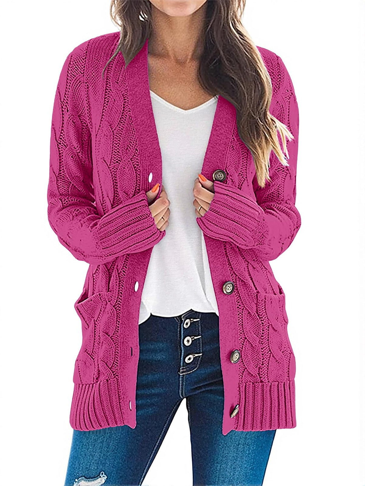 MEROKEETY Womens Fall 2026 Long Sleeve Cable Knit Cardigan Sweaters