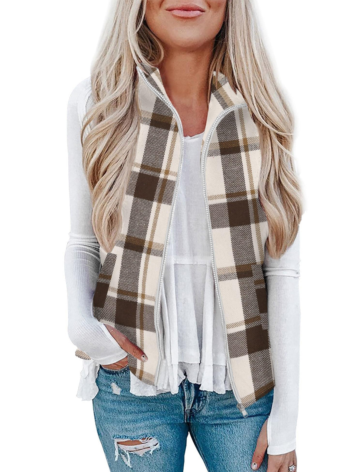 Rapbin Women's Plaid Outerwear Vests Tops Zip Up Collared Sleeveless Jacket with Pockects
