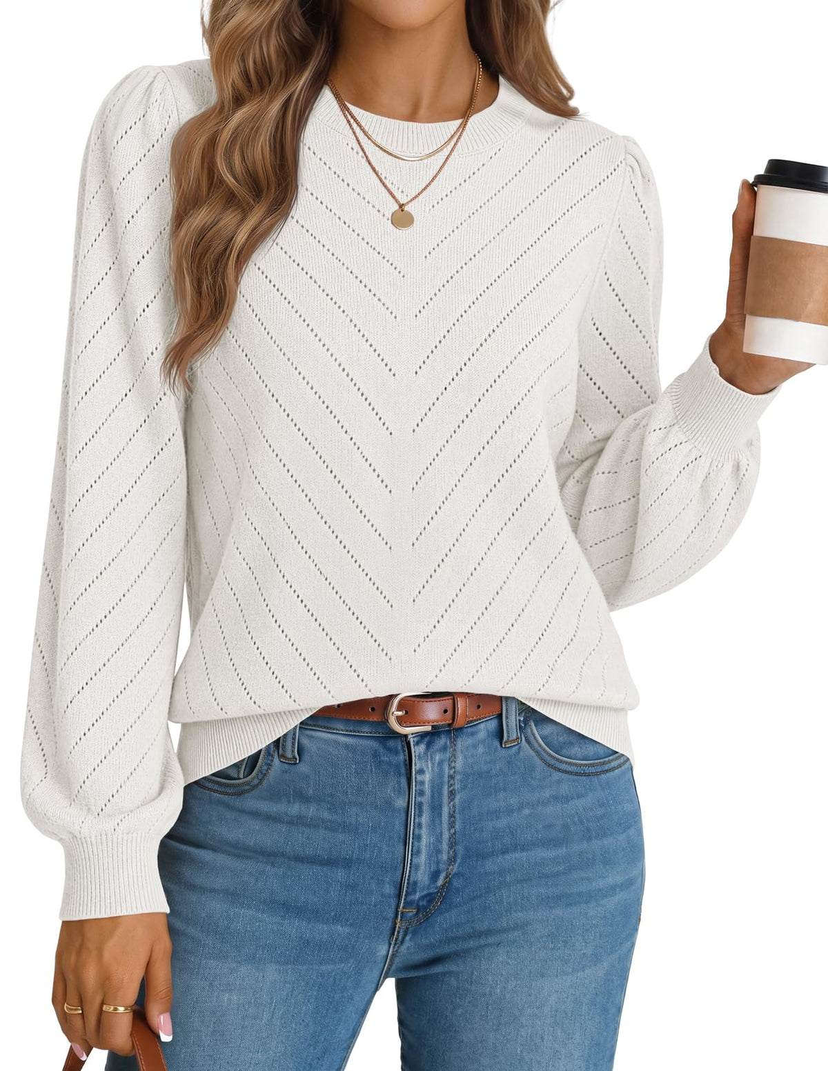 MEROKEETY Womens Fall Lightweight Sweater Long Sleeve Eyelet Pullover Tops