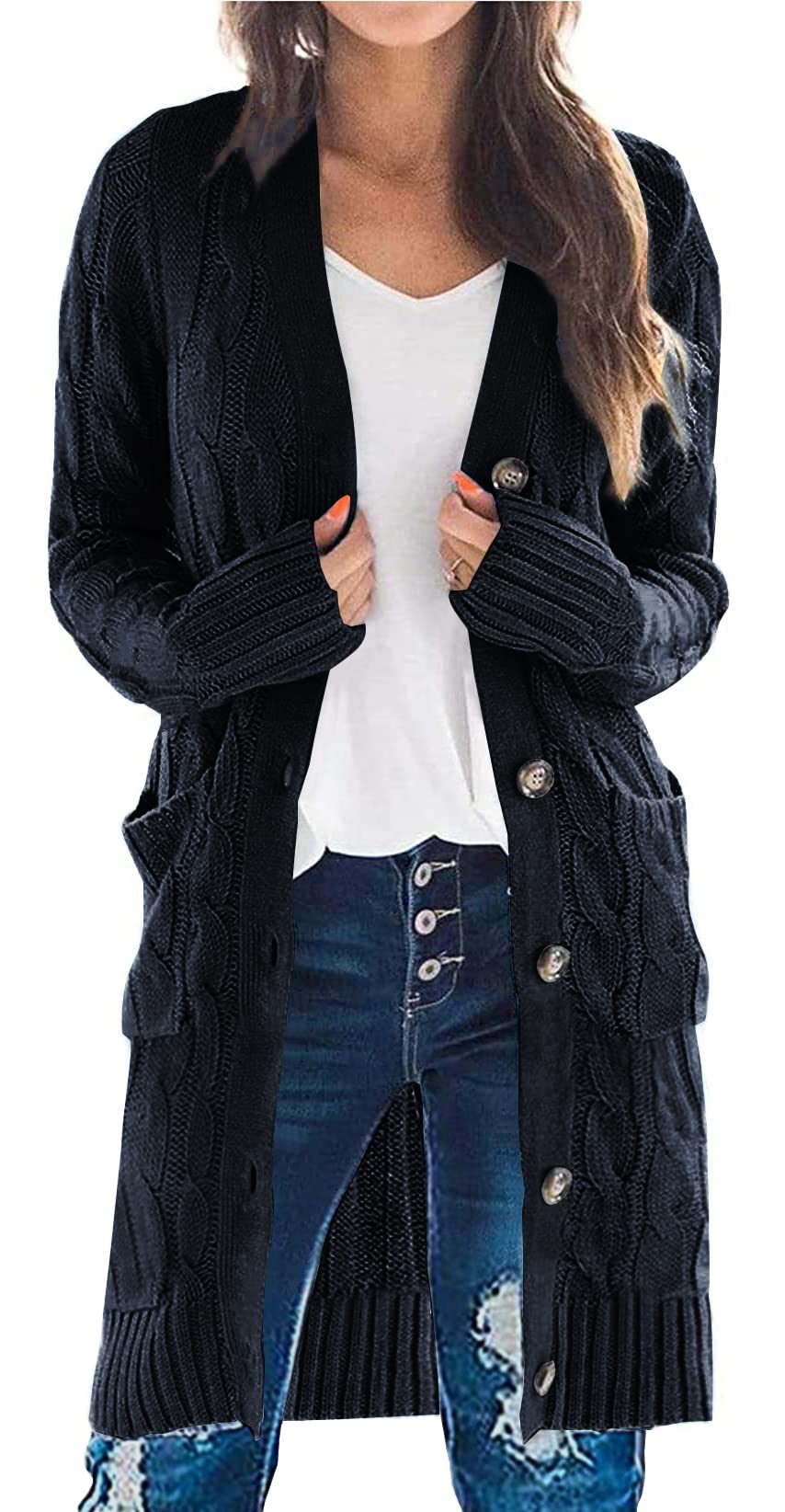 PRETTYGARDEN Womens Cable Knit Button Long Cardigan Sweaters