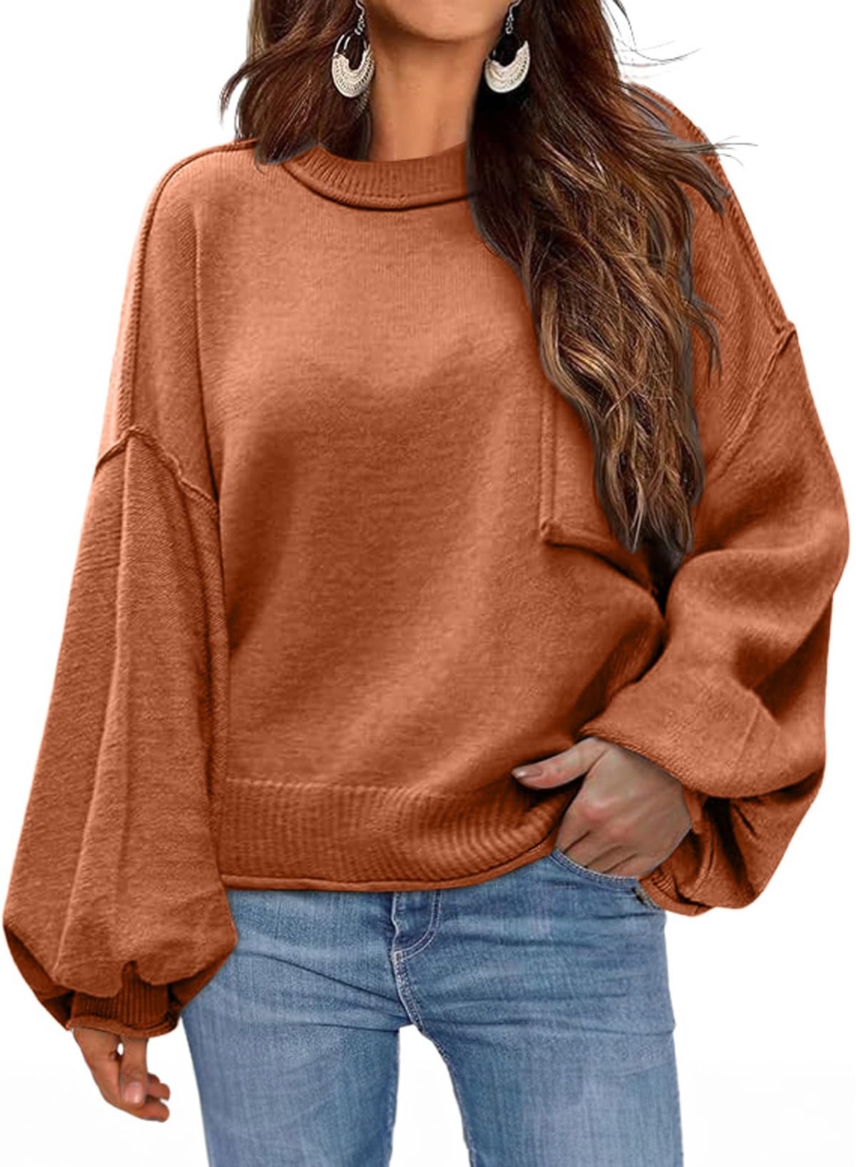 Dokotoo Women's Sweater Tops 2026 Ribbed Knitwear Lantern Pullover Sweater
