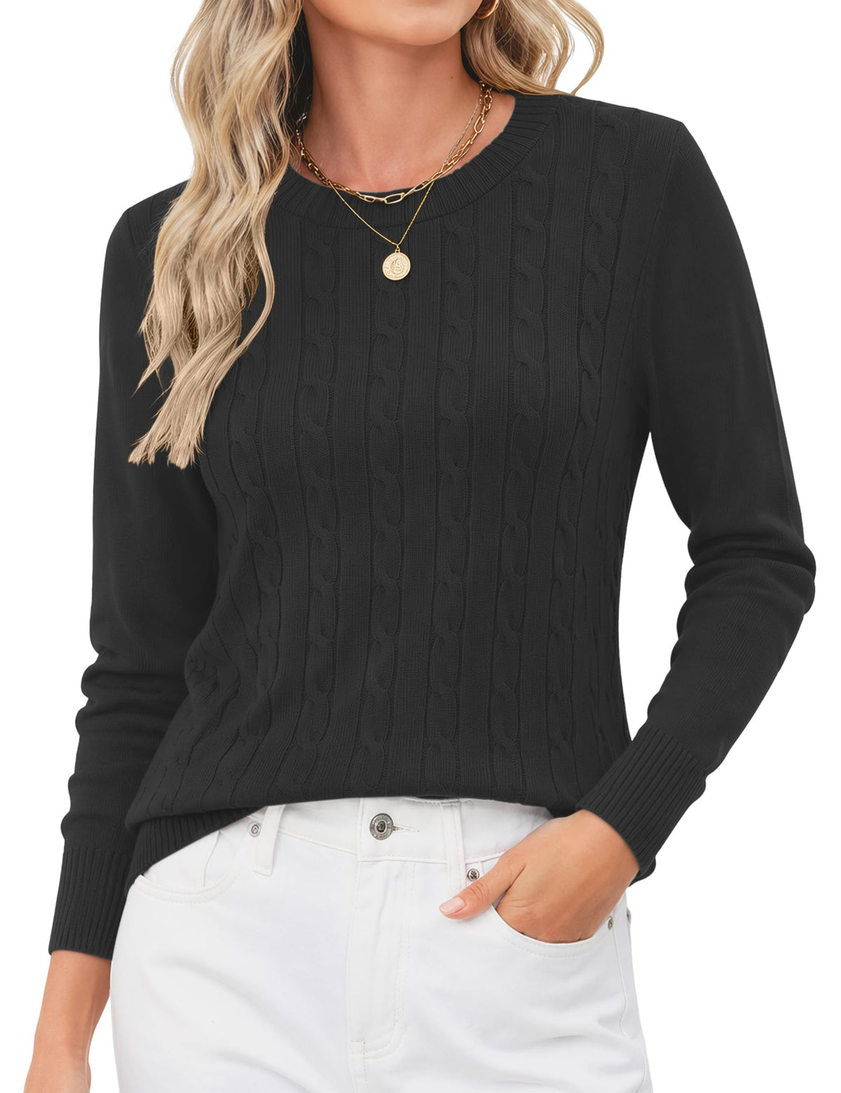 Rapbin Women's Contrast Trim Knit Sweater Long Sleeve Crew Neck Pullover