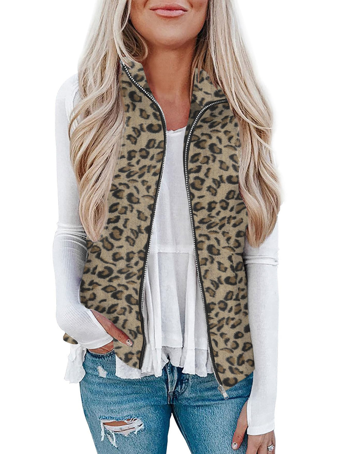 Rapbin Women's Plaid Outerwear Vests Tops Zip Up Collared Sleeveless Jacket with Pockects