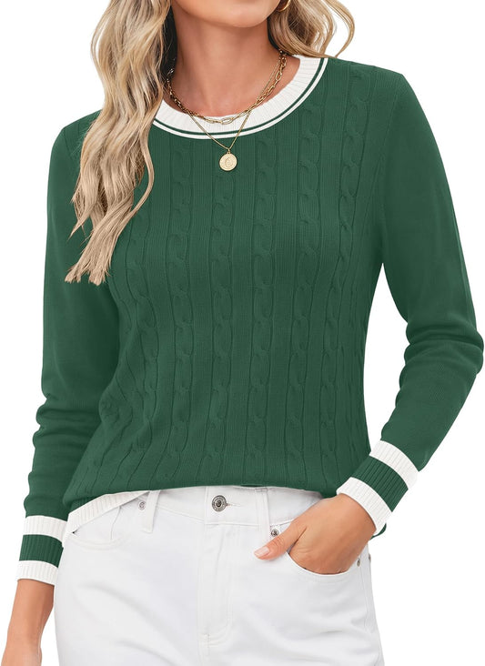 Rapbin Women's Contrast Trim Knit Sweater Long Sleeve Crew Neck Pullover