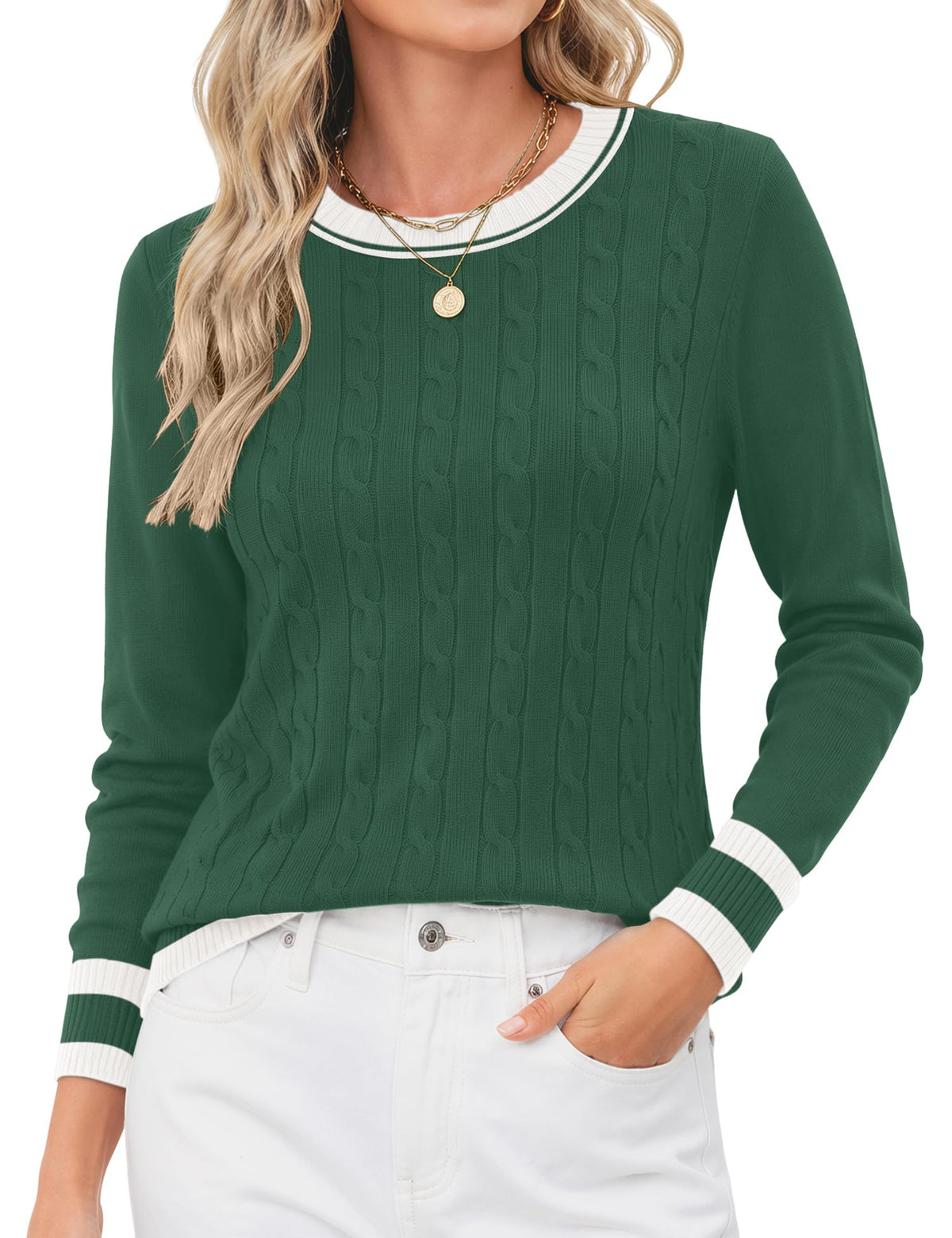 Rapbin Women's Contrast Trim Knit Sweater Long Sleeve Crew Neck Pullover