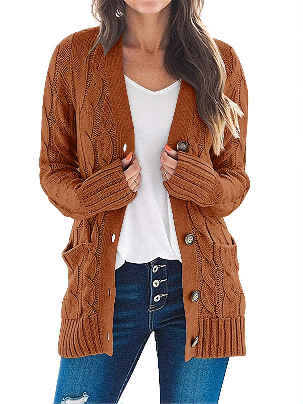 MEROKEETY Womens Fall 2026 Long Sleeve Cable Knit Cardigan Sweaters
