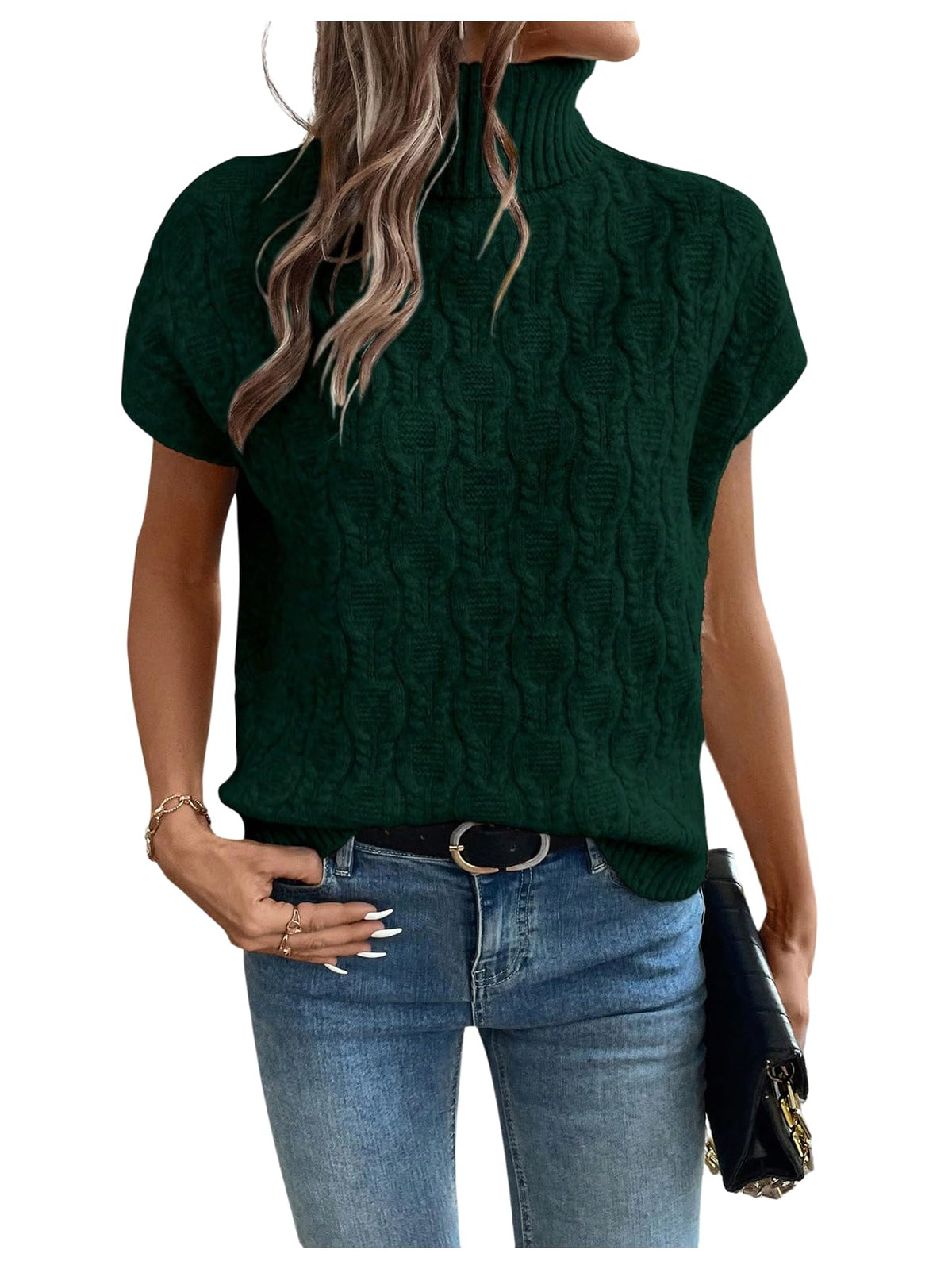 WDIRARA Women's Turtleneck Cap Sleeve Sweater Vest Pullover Knitted Top Loose Oversized Knitwear