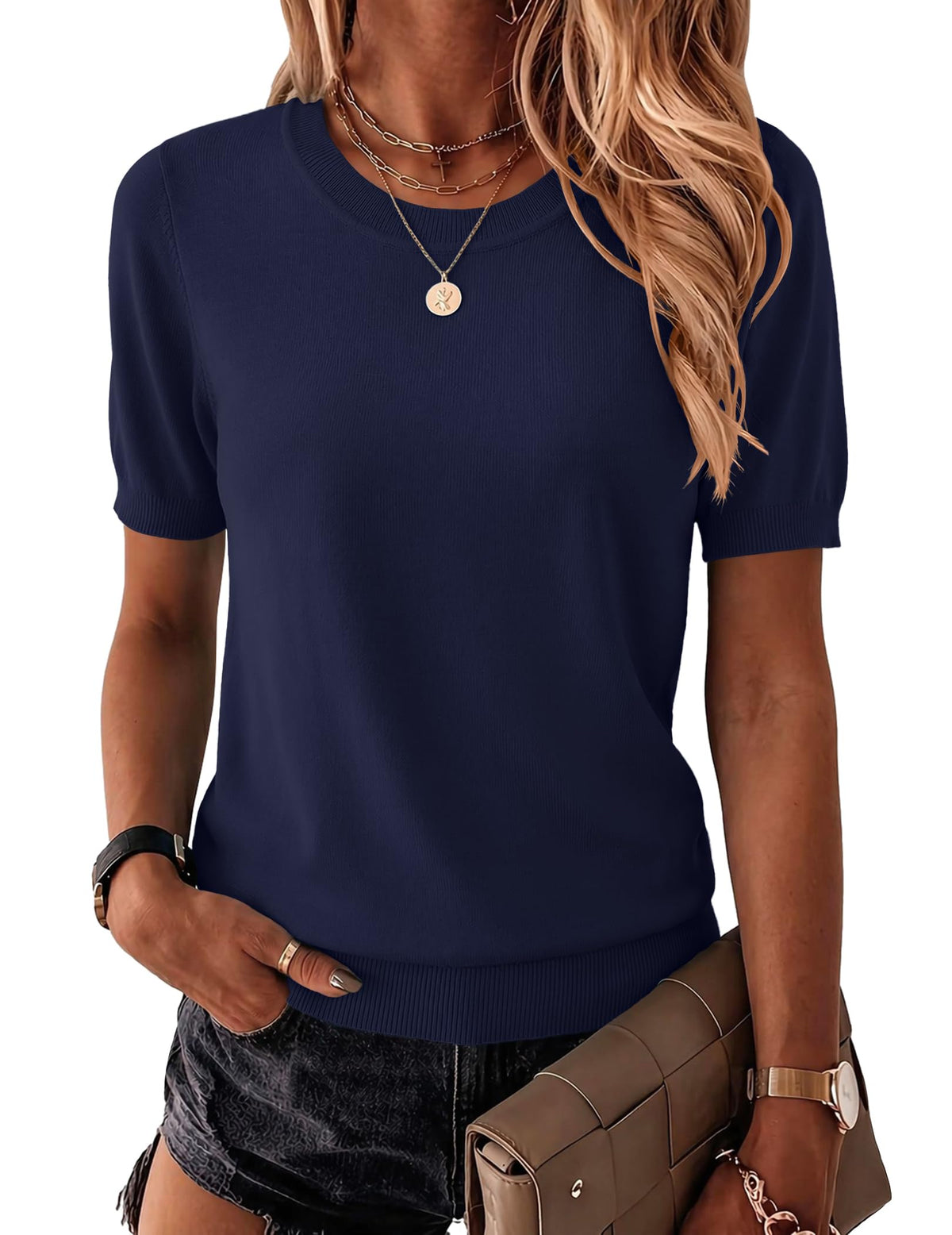 Zeagoo Womens Tops Short Sleeve Sweater Crewneck Basic Fashion Clothing