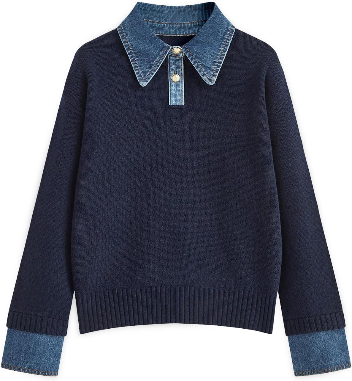 GUNEST Womens Oversized Sweater Denim Polo Knit Collared Fall Sweater
