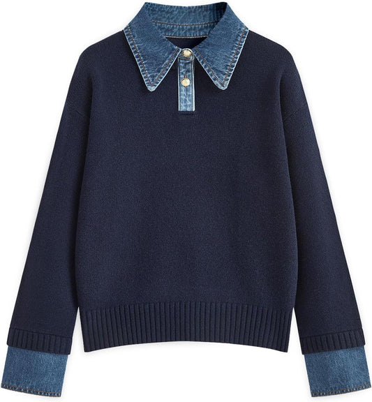 GUNEST Womens Oversized Sweater Denim Polo Knit Collared Fall Sweater