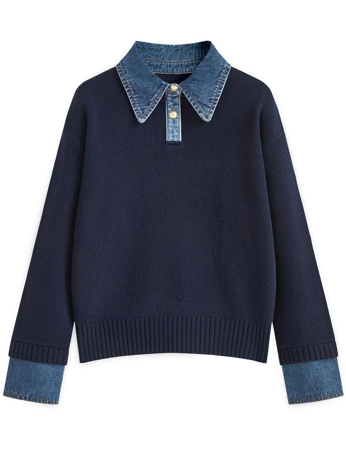 GUNEST Womens Oversized Sweater Denim Polo Knit Collared Fall Sweater