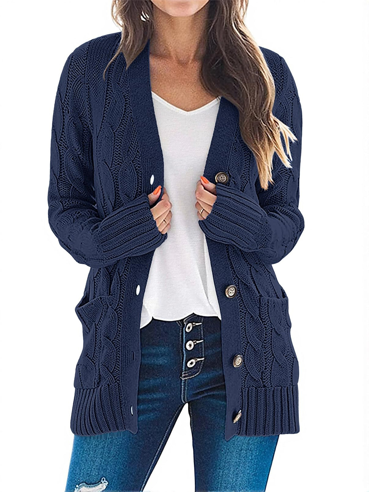 MEROKEETY Womens Fall 2026 Long Sleeve Cable Knit Cardigan Sweaters