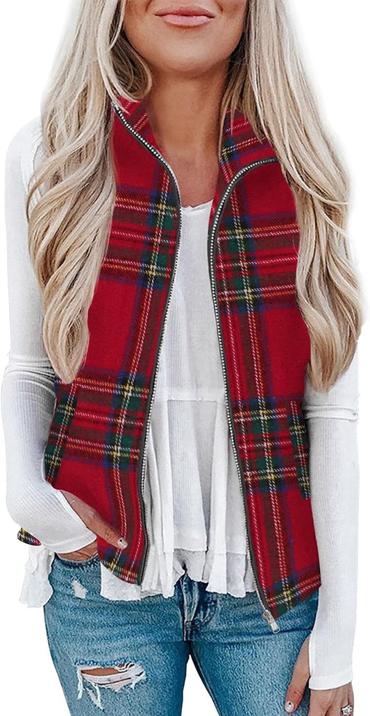 Rapbin Women's Plaid Outerwear Vests Tops Zip Up Collared Sleeveless Jacket with Pockects